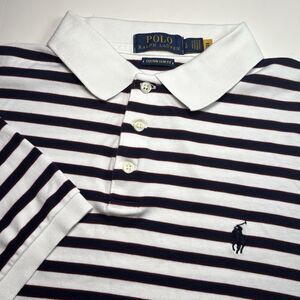 Polo Ralph Lauren Custom Slim Fit Mens Large White Blue Stripe Short Sleeve Polo